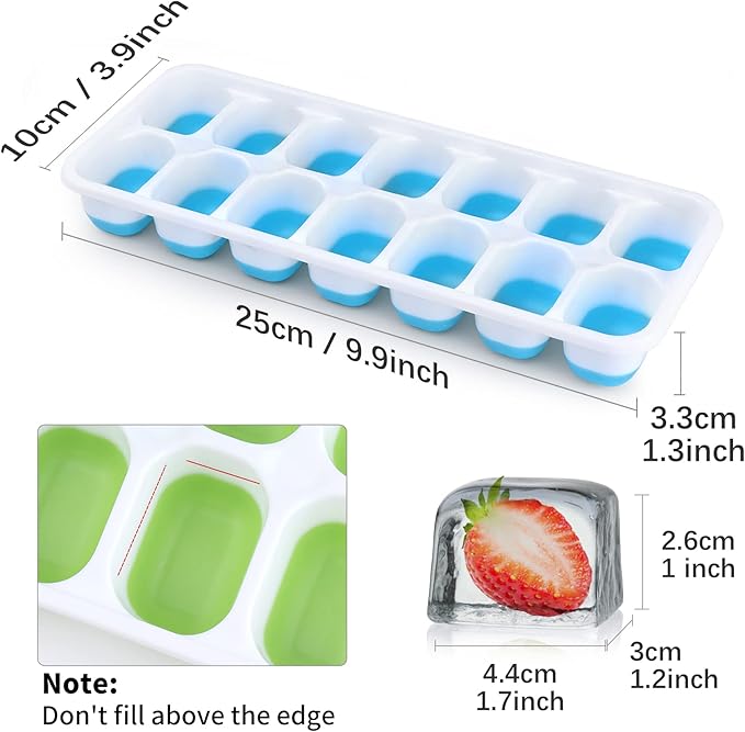 Silicone Ice Cube Tray, 4 Pack Easy-Release & Flexible 14-Ice Cube Trays with Spill-Resistant Removable Lid, Stackable Ice Trays with Covers for Freezer, Cocktail, Blue and Green