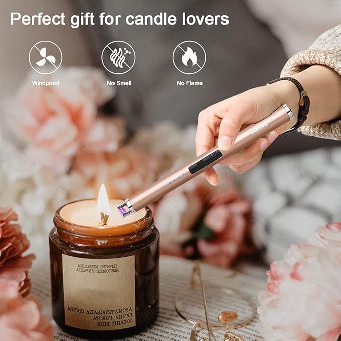 ARECTECH Rechargeable Electric Candle Lighter, Christmas Stocking Stuffers Gifts for Mom Men Wife, Arc Plasma Windproof Lighter for Candle Kitchen Birthday with Type-C Cable, Gold 2 Pack