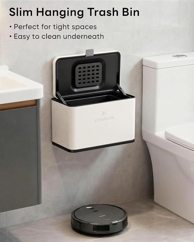 Kitchen Mini Compost Bin, 4L/1G Small Trash Can with Lid, Slim Stainless Steel Hanging Garbage Bin for Kitchen, Bathroom, Bedroom, Office, Wall Mounted Compost Bin with Inner Bucket, White