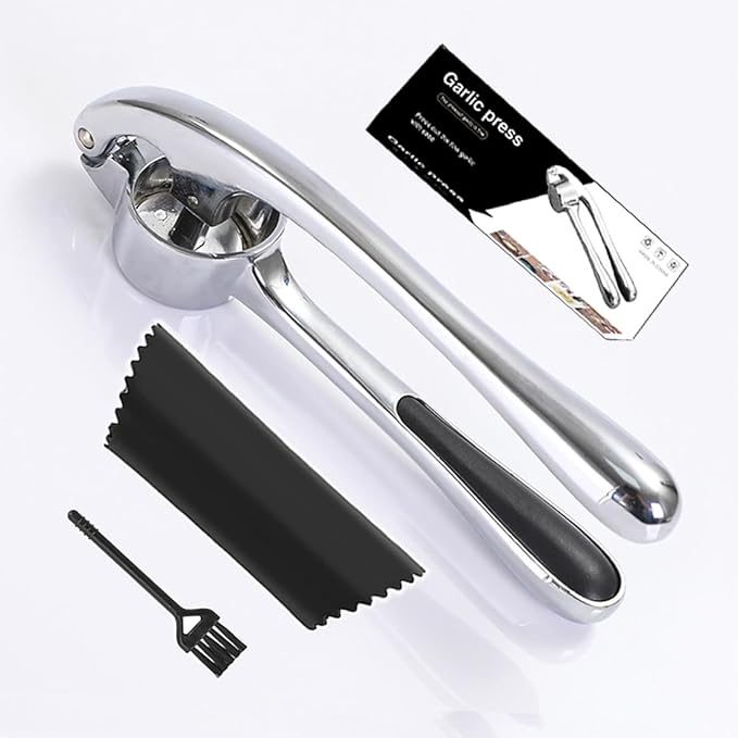 Premium Garlic Press And Peel Set,Heavy Duty Garlic Crusher,Rust Proof Garlic Mincer Tool,Easy to Squeeze And Clean, Ergonomic Handle Includes Silicone Garlic Peeler And Brush (Sivler)