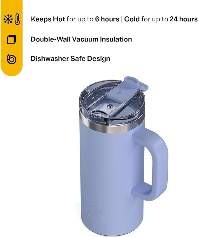 RTIC 16oz Road Trip Travel Mug with Lid and Handle, Ceramic Lined, Insulated, Stainless Steel, Metal, Double Wall Vacuum-Insulation, Portable Coffee, Tea Cup for Hot and Cold Drink, Periwinkle