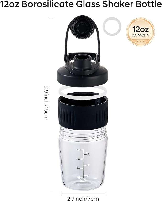 12oz Glass Shaker Bottle for Protein, Small Borosilicate Glass Protein Powder Leak-Proof Shaker Cup Mixes with 304 Blending Ball(12oz,Black)