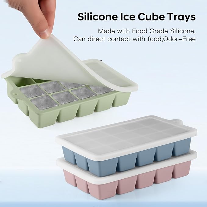 HANCELANT Silicone Ice Cube Trays Set of 2, Easy Release 15 Square with Removable Lid Reusable Freezer Stackable for Whiskey, Cocktails and Homemade, Keep Drinks Chilled, BPA Free, Blue