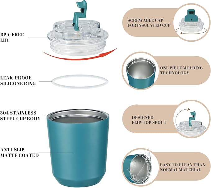 Puraville Insulated Tumblers with Lid, 10 oz Travel Coffee Mug Stainless Steel Vacuum Cup, Leak Proof Reusable Double Walled Coffee Tumbler for Iced and Hot Drinks, Peacock Blue