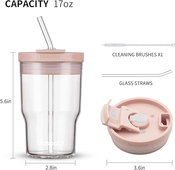 Glass Cups with Lids and Straws,16oz/480mll Reusable Iced Coffee Glasses & Juice Bottles,Cold Brew Tumblers with Leakproof Lids,BPA-Free Glass Jars for Juicing,Matcha,Flower Tea,Smoothie (Pink)