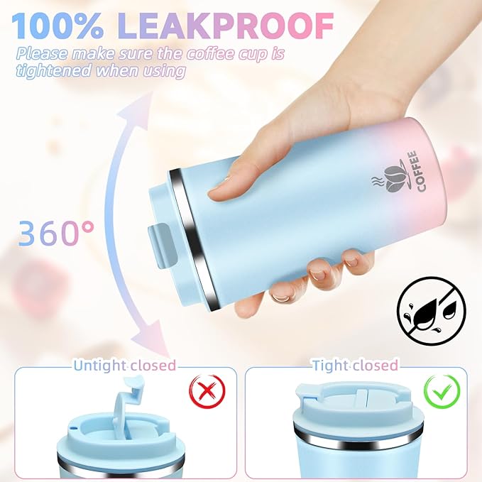 Insulated Travel Coffee Mug Reusable Coffee Tumbler Cup with Flip Lid Leak Proof Spill Proof for Office School Party Camping Hot and Cold Drink,Stainless Steel 17oz (Light Blue)