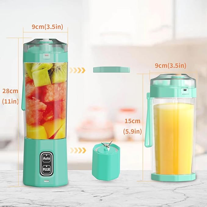 Portable Blender, 360 Watt Personal Blenders with Pulse Mode, Shakes and Smoothies, 6000mAh, BPA Free 24 Oz Blender Cup with 6 Blades and Lid, USB-C, Self Cleaning Portable Juicer For Travel, Green