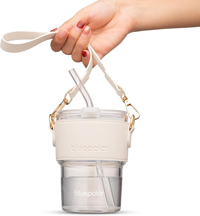 BLUEPOLAR 13oz/400ml Glass Water Tumbler with Straw and Lid Sealed Carry on Thick Wall Iced Coffee Cup for Water, Iced Tea, Fruit Juice (White with Sleeve and Strap)