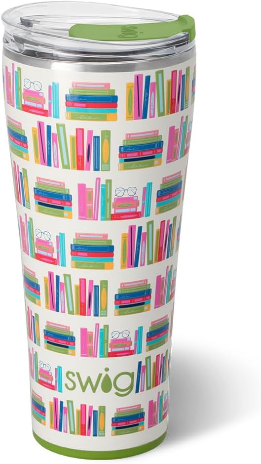 Swig Life 32oz Insulated Tumbler, Travel Coffee Tumbler with Lid, Cup Holder Friendly Travel Coffee Mug, Stainless Steel, 32 oz, Reusable Insulated Mug with Lid (Book Club)