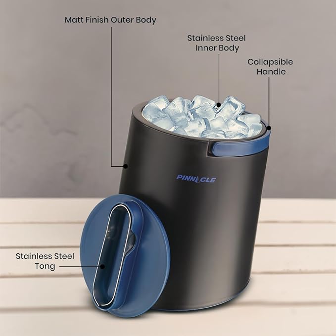 PINNACLE Insulated ice bucket for parties with Tong that fit into Lid - Stainless Steel ice bucket for cocktail bar with Collapsible Handles for indoor/outdoor bar, BPA Free (blue)