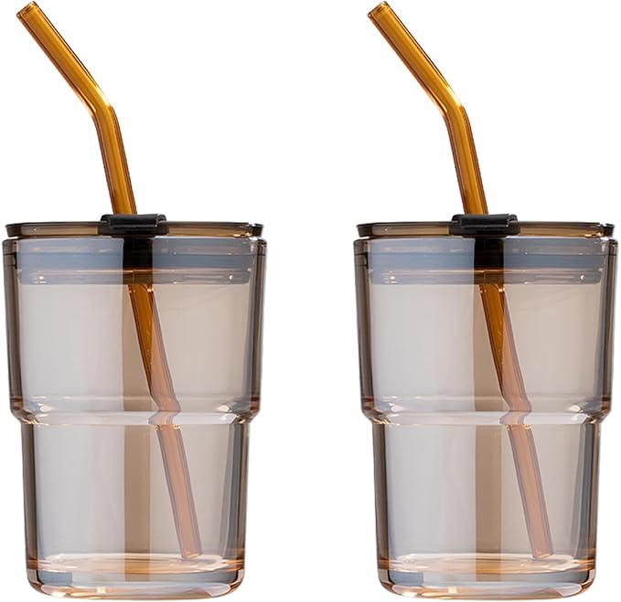 BLUEPOLAR 13 oz Tumbler Water Glass, Water Bottle with Straw and Dustproof Lid, Coffee Ice Cup Double Wall Insulated Glass Cup (Amber-2Pack)