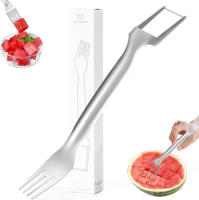 2-in-1 Stainless Steel Watermelon Fork Slicer Cutter - 1 PC Single Pack, 2024 Upgrade, Dual Head Fruit Fork Slicer for Effortless Summer Fruit Cutting at Home, Parties, and Camping