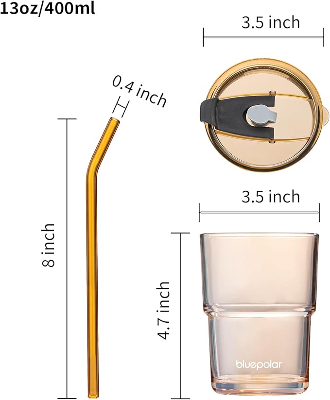 BLUEPOLAR 13oz/400ml Glass Water Tumbler with Straw and Lid Sealed Carry On Thick Wall Iced Coffee Cup Glass Cup for Water, Iced Tea Fruit Juice Etc (Amber-2PACK)