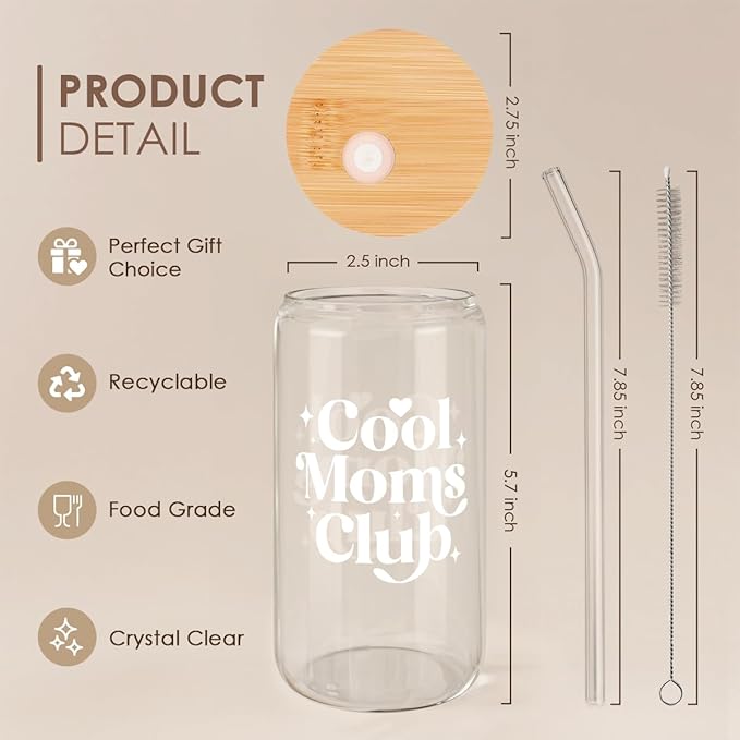 Mom Glass Can, Cool Mom Club Cup with Lid & Straw, Iced Coffee Aesthetic Cups, Idea Gift for Christmas Birthday Mother Day, Gifts for Women, 16oz