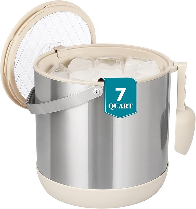 6.8L/7QT Insulated Ice Bucket with Lid & Scoop,Double-Wall Ice Bucket for Parties,Cocktail Bar(White)