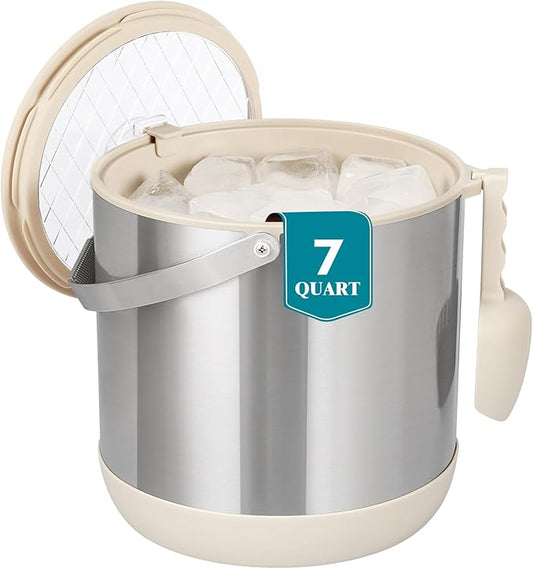 6.8L/7QT Insulated Ice Bucket with Lid & Scoop,Double-Wall Ice Bucket for Parties,Cocktail Bar(White)