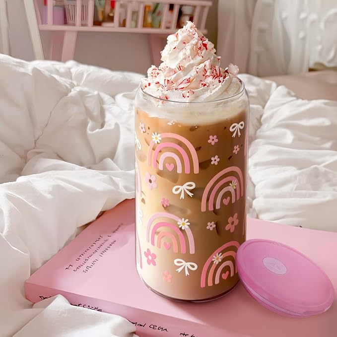 SANDJEST Rainbow 16oz Can Glass Tumbler with Acrylic Lid & Straw, Iced Coffee Cup for Women Girls, Aesthetic Cups Gifts for Birthday Christmas