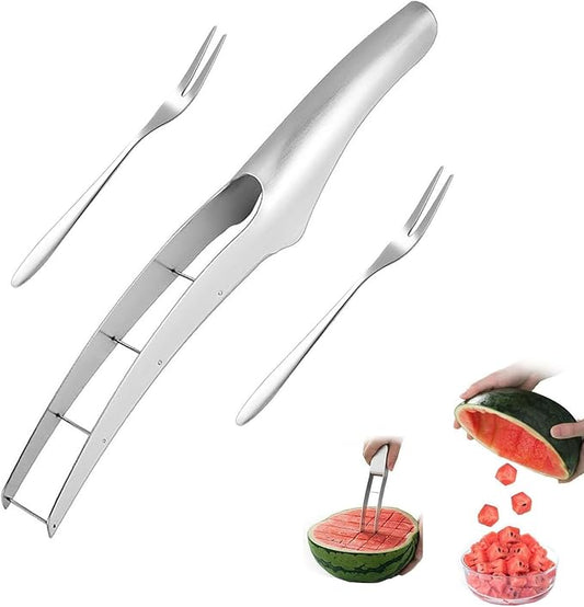 Watermelon Cutter Slicer with 2 Pieces Forks, Stainless Steel Watermelon Cube Cutter Watermelon Knife, Melon Slicer, Cube Cutters Fruit Vegetable Knives Salad Melon Baller for Kitchen Gadget
