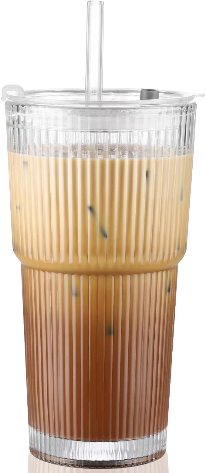 CWHHRN 20 oz Glass Cup with Lid and Straw, Glass Tumbler with Straw and Lid, Vintage Glassware for Whiskey Cocktail Beer, Iced Coffee Cups with Lid (1 PACK)