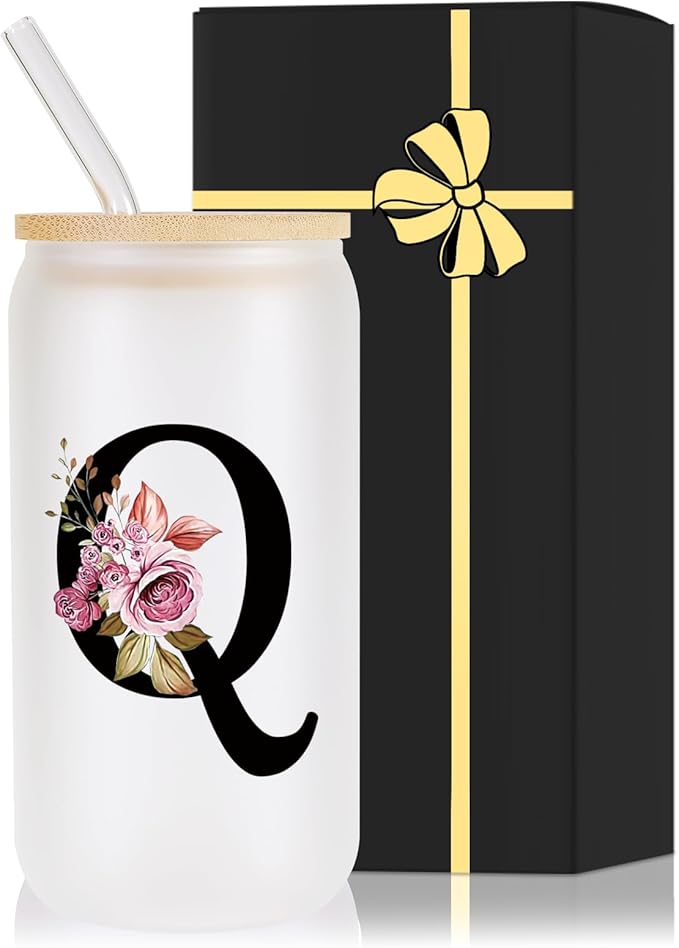 Monogrammed Glass Drinking Cup With Lid Straw New Mom Dad after Birth First Time Mama Parents Announcement Nurse Newborn Pregnancy Wife Maternity Expecting Gender Neutral Cool Funny Present Gifts,Q