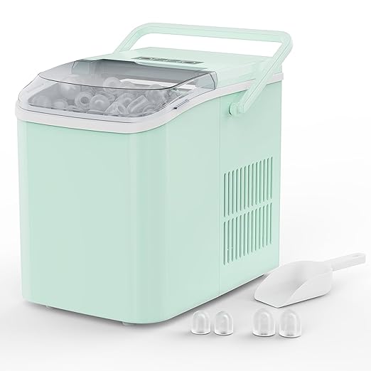 NEWBULIG Ice Makers Countertop with Handle, Portable Ice Machine, 9 Bullet Ice Cubes in 6 Mins, 26lbs in 24Hrs, Auto-Cleaning, with Basket and Scoop, for Home, Kitchen, RV, Camping,Green