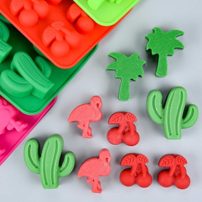 Fewo 5 Pack Hawaiian Tropical Themed Ice Cube Tray Summer Silicone Molds for Chocolate Candy Gummy Fruit Snack Fat Bomb Jello Mini Soap Crayon Melt (Cactus Pineapple Flamingo Coconut Tree Cherry)