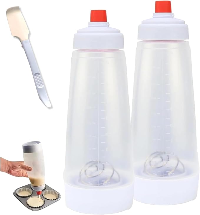 Pancake Batter Dispenser & Mixer with BlenderBall Whisk, 2-Pack 33oz Leak-Proof Squeeze Bottles with Base for Pancakes, Crepes, Waffles, Muffins & Cupcakes