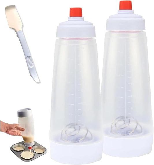 Pancake Batter Dispenser & Mixer with BlenderBall Whisk, 2-Pack 33oz Leak-Proof Squeeze Bottles with Base for Pancakes, Crepes, Waffles, Muffins & Cupcakes