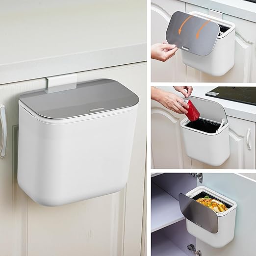 1.8 Gallon/7L Hanging Trash Can, with Stainless Steel Lid, Under Sink Compost Bin for Kitchen Cabinet Door, Garbage Can with Hanging Hook,Food Waste Bin for Kitchen, Bedroom, RV, Bathroom, White