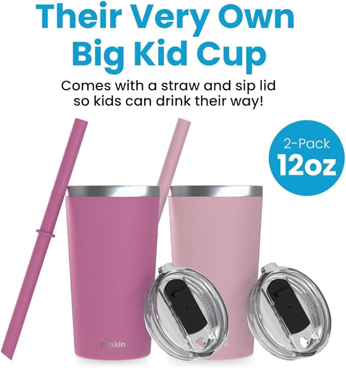 CUPKIN Toddler Tumblers, The Original 12 oz Stackable Stainless Steel Cups, Set of 2 Powder Coated Insulated Kids Water Bottle Alternative + BPA Free Lids + Silicone Straws (Polignac + Potpourri)