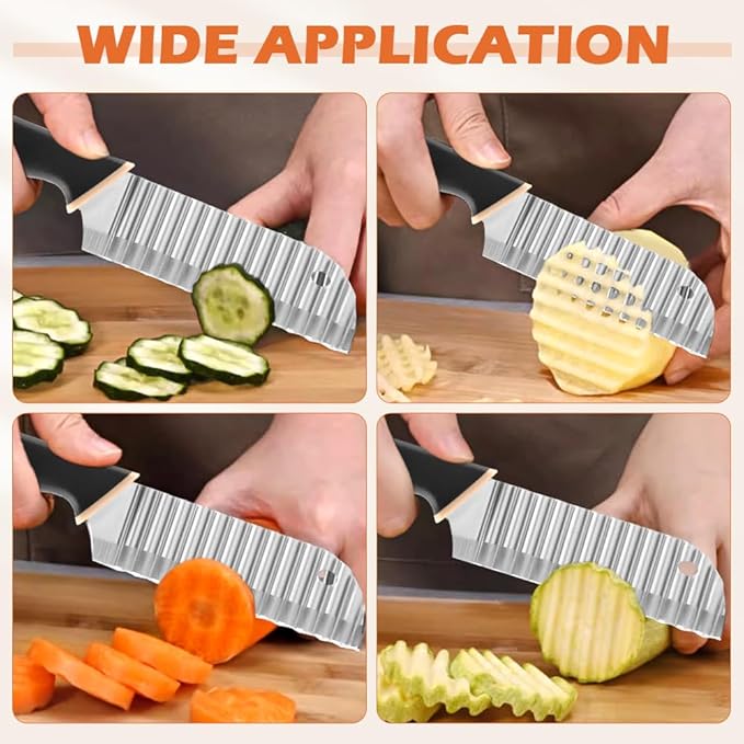 Crinkle Cutter Knife, Rubber Handle Stainless Steel Fries Cutter Slicer with Onion Holder, Vegetable Salad Chopping Knife Home Kitchen Wavy Blade Cutting Tool(Black)