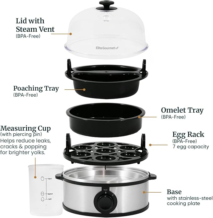 Elite Gourmet EGC648 Easy Electric Poacher, Omelet Eggs & Soft, Medium, Hard-Boiled Egg Boiler Cooker with Auto Shut-Off and Buzzer, Measuring Cup Included, BPA Free, Stainless Steel 7 Egg