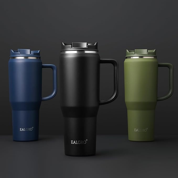 EALGRO Insulated Coffee Mug Cup with Lid, 40 oz Tumbler with Handle and Straw, Double walled Stainless Steel Coffee Tumbler, Thermal Water Bottle Jug, Navy Blue