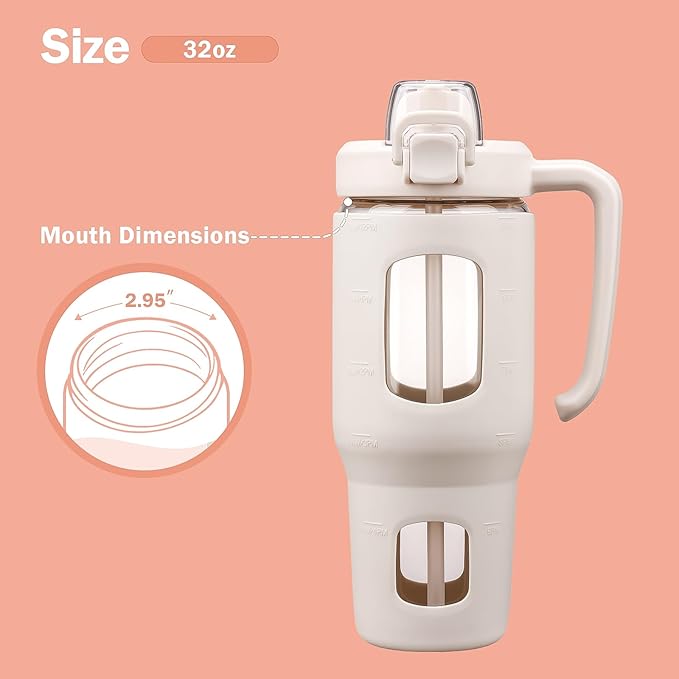 32oz Glass Tumbler with Straw Handle and 2-IN-1 Sip & Spout Lid, Reusable Iced Coffee Cup for Smoothie, Matcha, Milkshake, Leakproof Glass Water Bottle with Straw and Silicone Sleeve, BPA Free-White