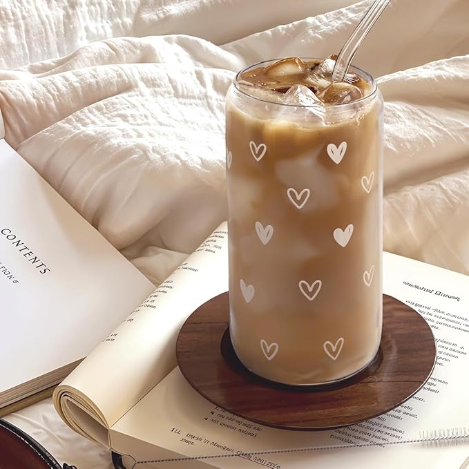 SANDJEST Heart 16oz Can Glass Tumbler with Acrylic Lid & Straw, Iced Coffee Cup for Women, Aesthetic Cups Gifts for Birthday Christmas Valentine