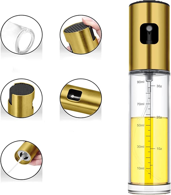 Glass Oil Sprayer Bottle for Cooking, Refillable Fine Mist Sprayer for Air Fryer, BBQ, Salad Spray, Leak Proof Kitchen Oil Dispenser with Dishwasher Safe Design (Gold)