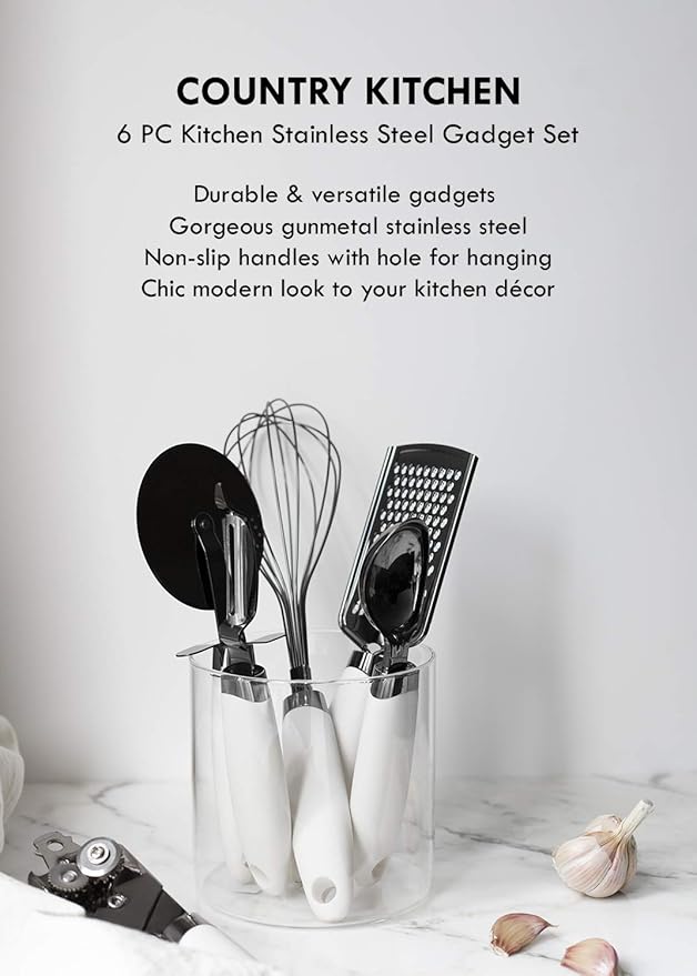 Country Kitchen 6 Pc Essentials Kitchen Stainless Steel Gadget Set Black Gun Metal with Soft Touch White Handles for Cooking