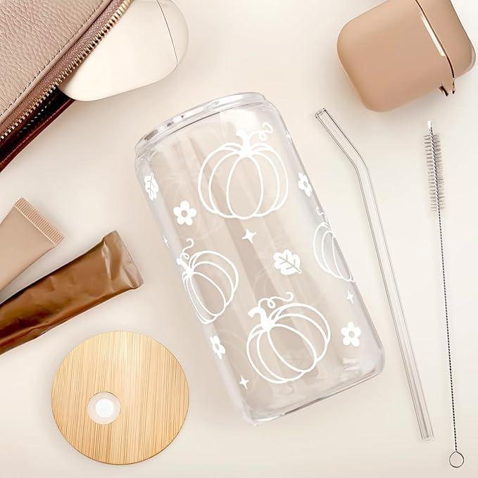 SANDJEST Pumpkin 16oz Can Glass Tumbler with Acrylic Lid & Straw, Iced Coffee Cup for Women Girls, Fall Aesthetic Cups Gifts