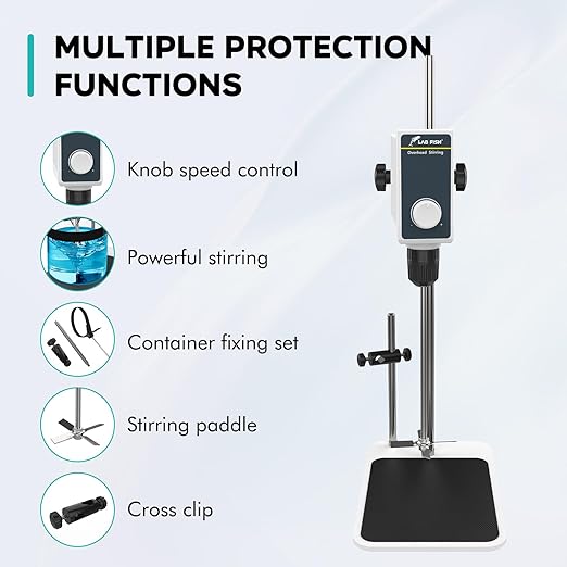 LAB FISH Laboratory Overhead Stirrer Lab Stirrer | Stirring Rod and Stainless Steel Stand | Mixer Adjustable Speed 100-1000RPM Capacity 10L 10000 mPas AC 100-240V