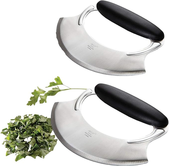 Amco Mezzaluna 2-Pack Herb Chopper with Silicone Handle & Stainless Steel Blade - 4.9" Dishwasher Safe Chopping Tool for Herbs, Vegetables & Garlic - Non-Slip Grip, Easy to Use & Comfortable to Hold