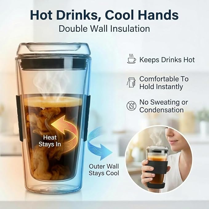 16oz Double Wall All Glass Tumbler with Lid, Glass Travel Mug, Dishwasher Safe & Microwavable Clear Coffee Tumbler To Go, Reusable Ceramic Cup with Lid, Black