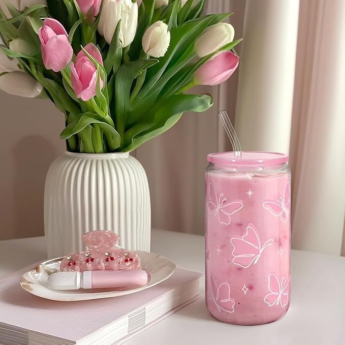 SANDJEST Butterfly 16 Oz Can Glass Tumbler with Acrylic Lid and Straw - Iced Coffee Cups for Women, Aesthetic Glass Cup Gift for Birthday Christmas