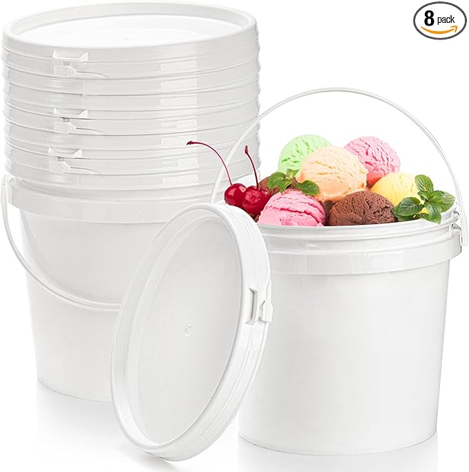 Bekith 8 Pack 80oz Plastic Ice Cream Tub with Lid, Small Bucket with Handle, Food Grade Freezer Food Storage Containers, White
