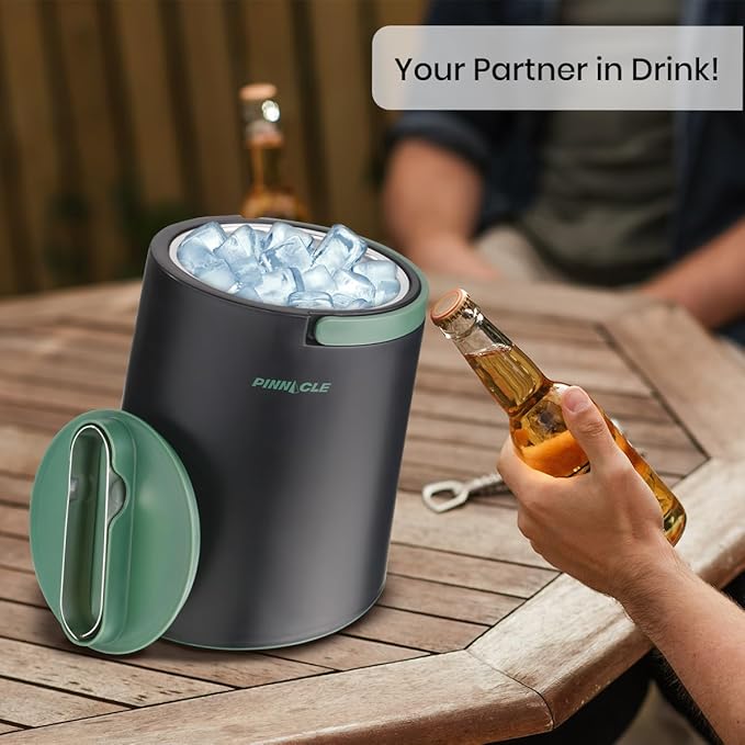 PINNACLE Insulated ice bucket for parties with Tong that fit into Lid - Stainless Steel ice bucket for cocktail bar with Collapsible Handles for indoor/outdoor bar, BPA Free (Green)
