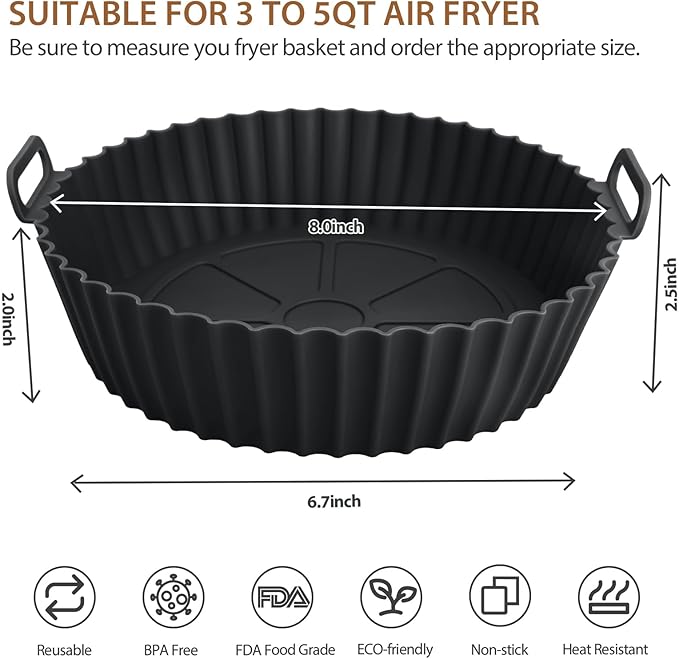 Viretec 2 Pack Air Fryer Silicone Liners for Ninja, Reusable Silicone Bowl Basket Fit for 3 to 5QT Air Fryer, Replacement of Flammable Parchment Paper