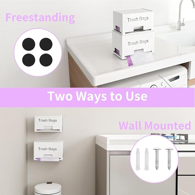 STWWO 2-Pack Trash Bag Holder Dispenser, Stackable Garbage Bag Dispenser, Extra Large Trash Storage Organizer for Kitchen Laundry Under Sink, Wall Mounted or Freestanding, Metal White