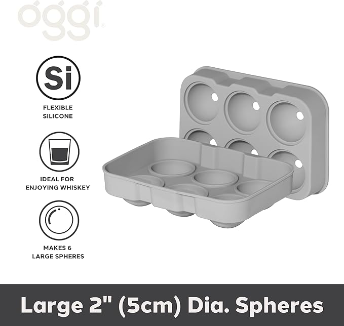 OGGI Ice Cube Tray, Ice Ball Molds, Large Ice Sphere Maker, Flexible 6 Cavity Silicone Ice Ball Trays for Freezer, Slow Melting Big Ice Spheres for Whiskey, Cocktails & Juices, BPA Free - Gray