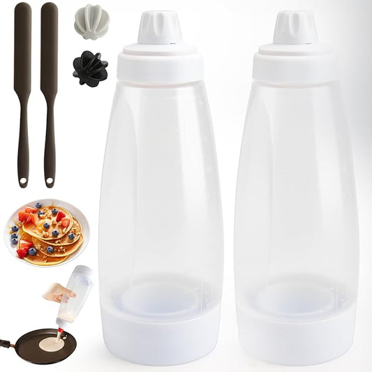 Pancake Batter Dispenser Bottle, Flexible Squeeze Mixer with Precision Tip, Plastic & Silicone Tool for Crepes, Waffles and Cupcakes, Transparent White