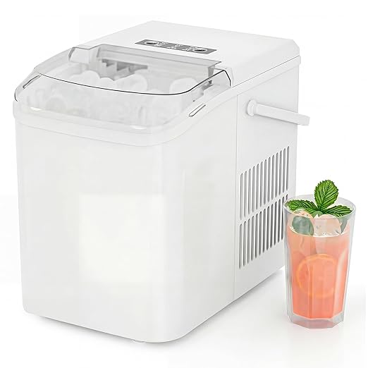 Ice Makers Countertop, Portable Ice Machine with Handle, 6 Mins 9 Bullet Ice Cubes with Basket and Scoop, 26lbs in 24Hrs, Auto-Cleaning, for Home, Kitchen, RV, Camping, White