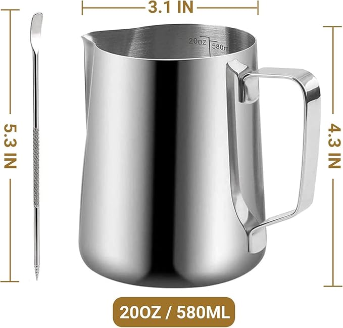 Milk Frothing Pitcher, 600ml (20oz) Milk Frother Cup Stainless Steel Jug Steaming Pitcher, Milk Coffee Cappuccino Latte Art Barista Steam Pitchers Milk Jug Cup with Decorating Pen